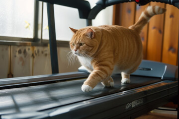 Fat cat runs on treadmill in gym. Funny pet doing cardio exercises for burning calories. Sports training for weight loss