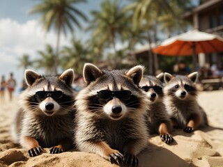 Obraz premium Waschbärfamilie im Urlaub am Strand