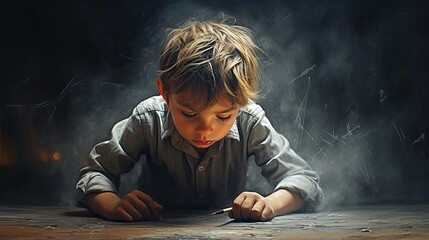 the child has a board and chalk dust in the background to add a touch of realism - obrazy, fototapety, plakaty