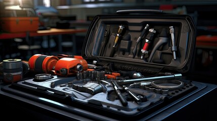 car repair indoors, tools and equipment in the process of automatic checking. This highlights the technical aspects of the service