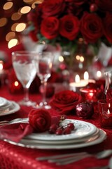  Red linens, elegant dinnerware, and romantic candlelight