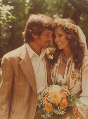 bride and groom in the park, retro wedding of 70's