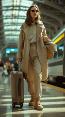 Obraz premium woman in beige suit with case in airport