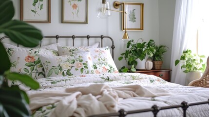 A bedroom transformed into a spring garden oasis with botanical-printed bedding