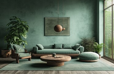 living room in green color with wood furniture