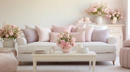 A beautifully decorated living room, adorned with pastel-colored cushions, throws