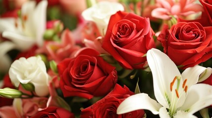 Bouquets of red roses, delicate lilies, and aromatic petals