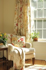 A cozy reading nook bathed in natural sunlight, featuring spring-inspired decor such as floral-printed