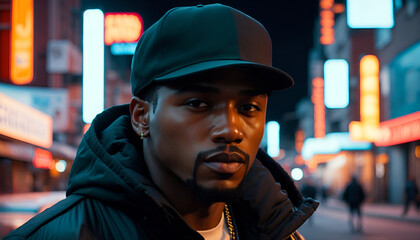 Casually dressed rapper in a baseball cap and leather jacket. Portrait of a hip hop artist on the street at night with neon lights - obrazy, fototapety, plakaty