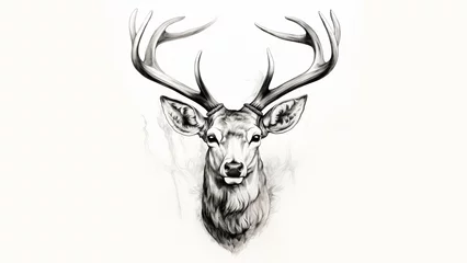 Poster pen and ink sketch, head of deer with antlers, white background © Xabi