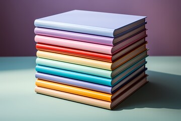 Crisp and vibrant rainbow-colored notebooks stacked neatly against a soft mint backdrop, creating an inspiring composition