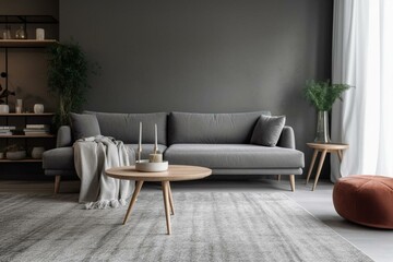 Modern living room featuring a gray sofa. Generative AI