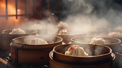 Delicate dim sum, highlighting the steam rising from the bamboo baskets