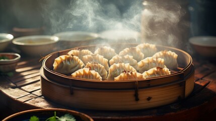 Delicate dim sum, highlighting the steam rising from the bamboo baskets - obrazy, fototapety, plakaty