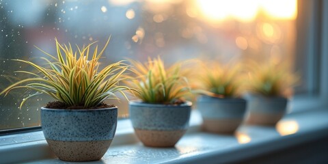 Three potted plants sit on a window sill - Powered by Adobe