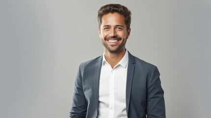 A professional man in a suit beams confidently at the camera, representing an ideal image of corporate success and approachable leadership, a perfect choice for business profiles.