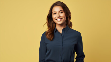 A woman with a warm smile is featured against a soft yellow background, wearing a smart navy blue blouse. The image suitable for corporate or casual business representation.
