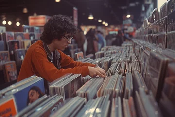 Papier Peint photo autocollant Magasin de musique People in music vilyl store, 1970s film image filter