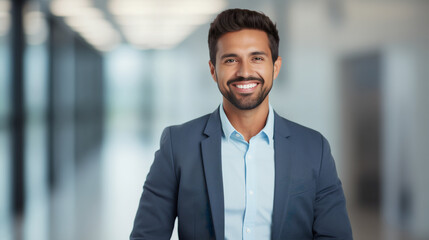 Naklejka premium Cheerful businessman in a formal suit with a genuine smile, positioned in an airy office space that suggests innovation and forward-thinking, themes of entrepreneurship and progressive business