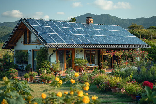 Sollar panels on roof of modern house in village or suburban place