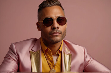 Obraz premium portrait of a man with sunglasses in the pink background