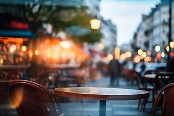 Fototapeta na wymiar Unfocused cafes, buildings and people. Natural bokeh of city centre view, blurred out of focus background.