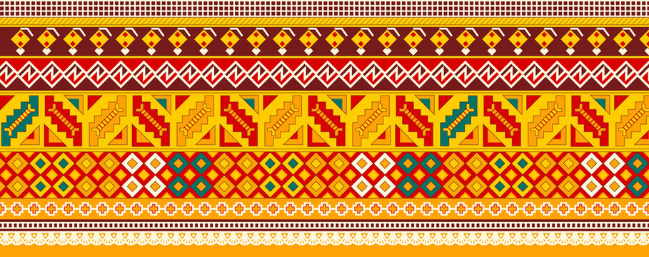 Seamless colorful ethnic block print khadi border pattern, Multicolor Turkish paisley border with baroque ornamental print, Seamless geometric multicolor floral ornament design