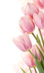 Pink tulips on a white background with copy space.