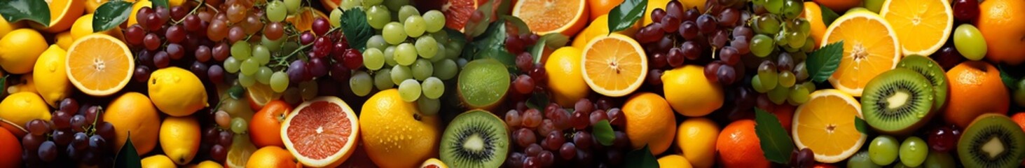 Horizontal image of many fruits, berries and citrus fruits as a background - obrazy, fototapety, plakaty
