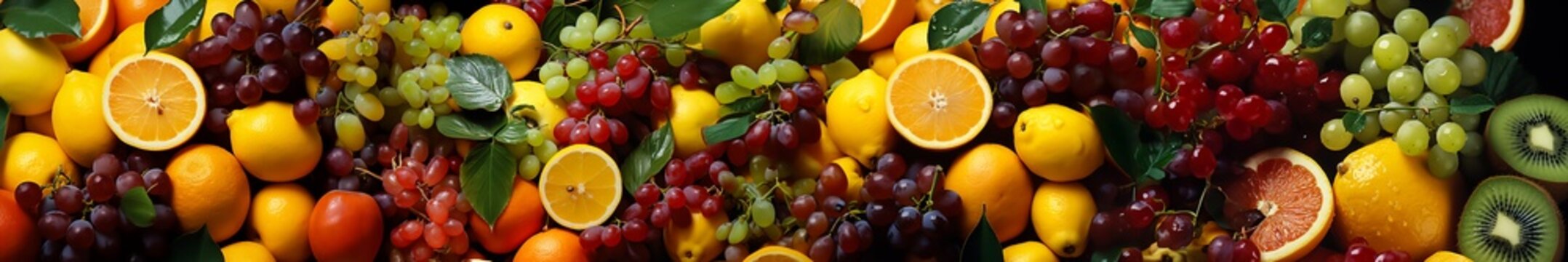 Horizontal image of many fruits, berries and citrus fruits as a background