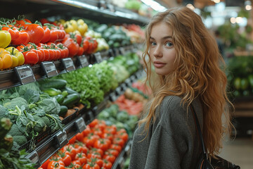 young girl in the vegetable part of the supermarket