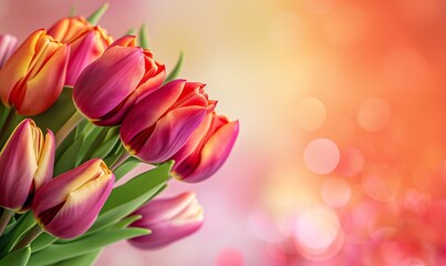 Spring banner with space for text. Tulips on a pink background with copy space.