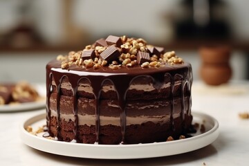 Obraz premium Delicious chocolate cake with walnuts on a white table