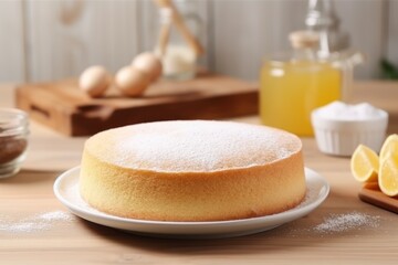 Fototapeta na wymiar Delicious homemade sponge cake on white plate with ingredients.