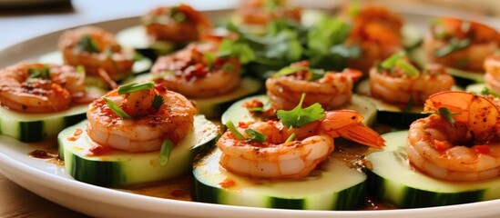 Appetizer for holiday celebration featuring spicy shrimp and cucumber