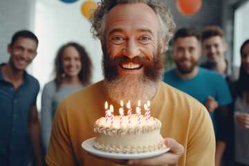 Caucasian man celebrates birthday with diverse friends. - obrazy, fototapety, plakaty