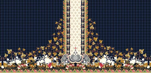 Foto op Canvas Seamless digital floral border design with center panel ethnic floral motif on dark checkered background Traditional ethnic floral border with Mughal art baroque and multi flower seamless pattern © HW arts