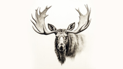 pen and ink sketch, moose head with antlers, white background