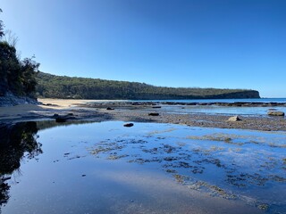 Shoreline at low tide covered with moss and lichen. Sand, pebbles and wet rocks at the edge of the ocean where the water has receded. Bay with blue sky, trees and mountains in the distance.