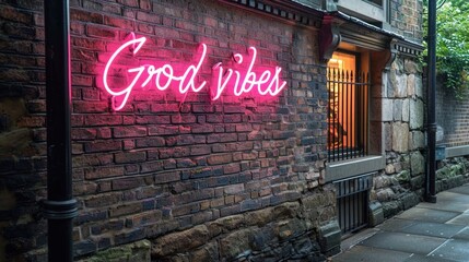 A neon sign that says good vibe on a brick wall