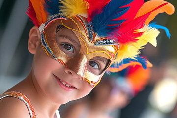 A smiling child with a decorative carnival mask with vibrant colored feathers enjoys the carnivals on the street