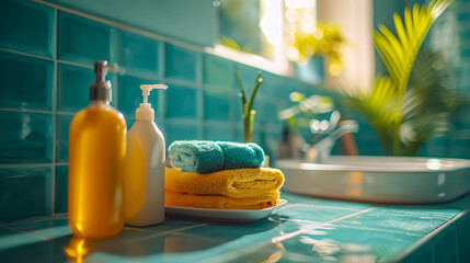 A house cleaner's toolkit transforms bathrooms, leaving behind a gleaming, sanitized space that exudes freshness and cleanliness - obrazy, fototapety, plakaty