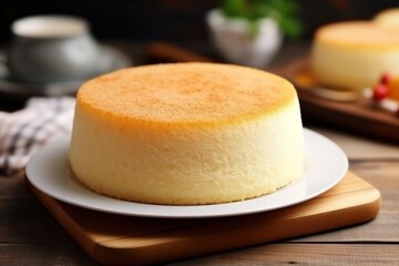 Delicious homemade sponge cake on white plate with ingredients.