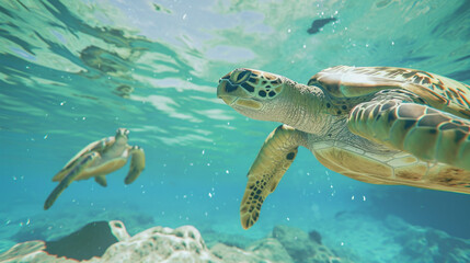 Fototapeta premium Large sea turtles swim among the coral reefs. Tropical paradise. Realism. Illustration. Endangered animals.