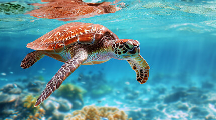 Obraz na płótnie Canvas Large sea turtles swim among the coral reefs. Tropical paradise. Realism. Illustration. Endangered animals.