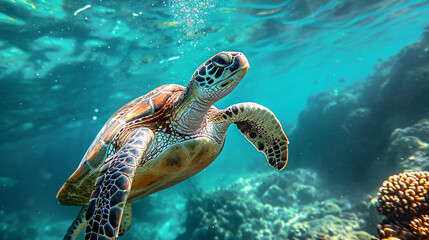 Large sea turtles swim among the coral reefs. Tropical paradise. Realism. Illustration. Endangered animals. - obrazy, fototapety, plakaty