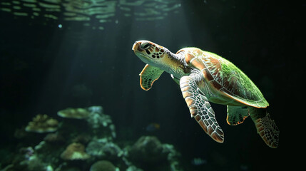 Large sea turtles swim among the coral reefs. Tropical paradise. Realism. Illustration. Endangered animals.