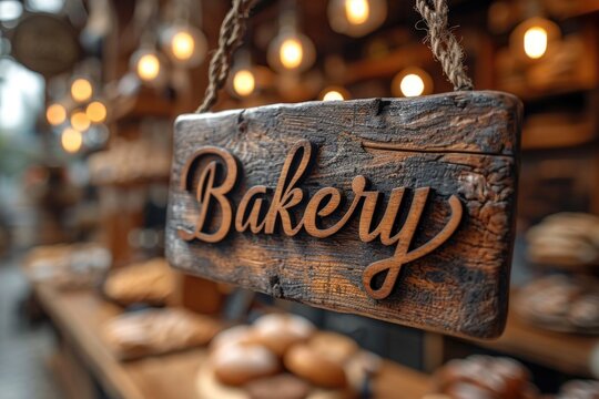 A wooden sign that says bakery hanging from a rope