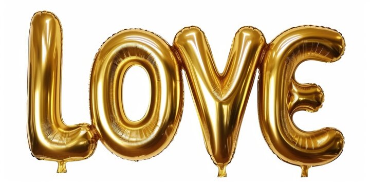 The word love is spelled with gold balloons