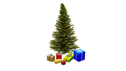 Christmas tree with presents around it on white background. On isolated background